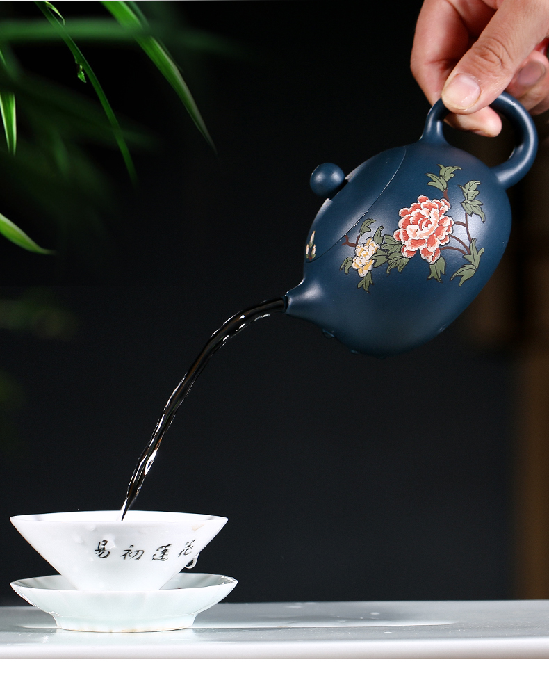 純手工紫砂壺，小巧琺瑯印花紫砂壺